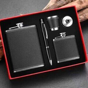 Flask Set Black 5 Piece Metal PU Leather